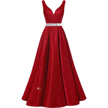 Women Glitter Satin Prom Long Corset V-Neck Beaded Belt Formal Evening Party Dress w/ Pockets