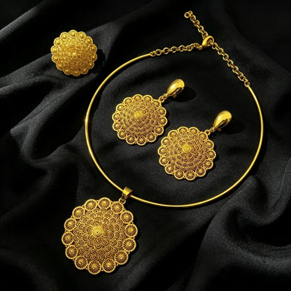 African Dubai 24k Gold Plated Women Ethiopian Indian Bridal Round Necklace Earrings Jewelry Set