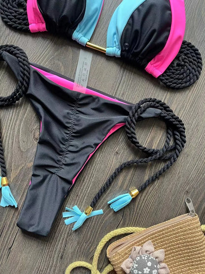 Sexy Solid Splicing Bikini Swimwear Swimsuit Braiding Rope Bandage Triangle Brazilian Bathing Suit