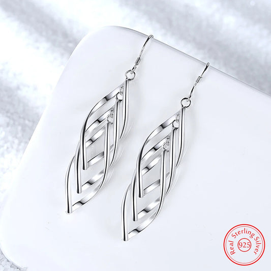 Solid 925 Sterling Silver Women's Multi Layers Hollow Leaf Drop Earrings