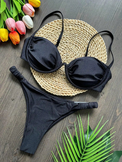 Sexy 3D Flower Women V Wire Underwired Micro Mini Pleated Thong Swimsuit Beach Bathing Suit