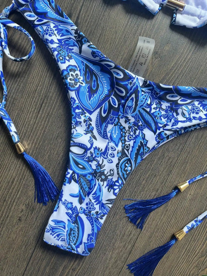 Women's Swimsuit Two-piece Sexy Blue white porcelain Print Bikini Swimwear Bathing Brazilian Suit