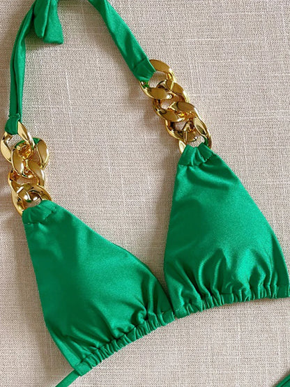 Sexy Triangle Solid Color Chain Decor Split Bikini Beachwear Brazilian Swimwear Bathing Suit