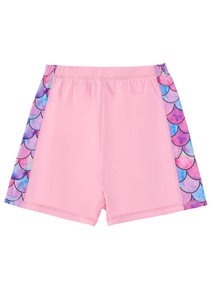 2pcs Kids Girls Short Sleeve Tops Swim Shorts Scale Print Patchwork Beach Bathing Swimwear