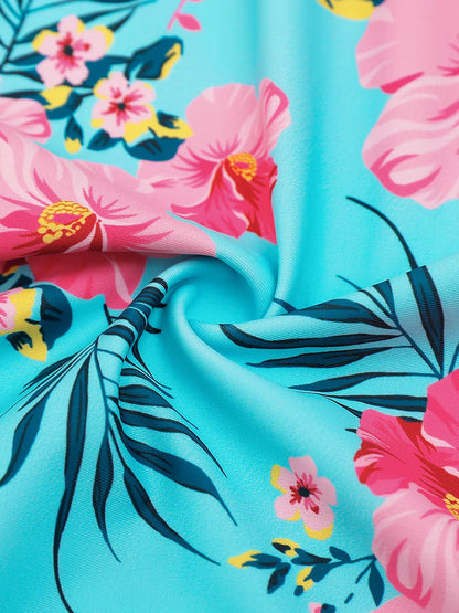 Girls Kids One Piece Long Sleeve Floral Print Beach Swim Rash Guard Boyleg Shorts Swimwear