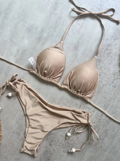 Solid Color Bikini Swimsuit Hanging Neck Rope Split Swimsuit 2-piece Beachwear Suit