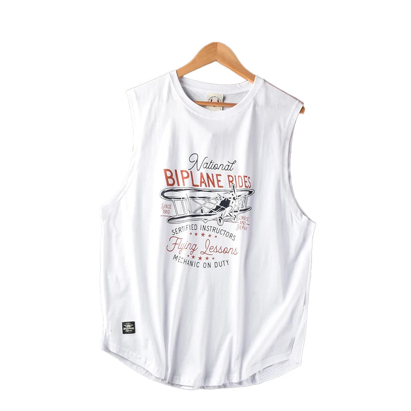 Men Bi-Plane Rides Sleeveless O-neck Printed T-shirt Fashion Washed Sports Vest Tops