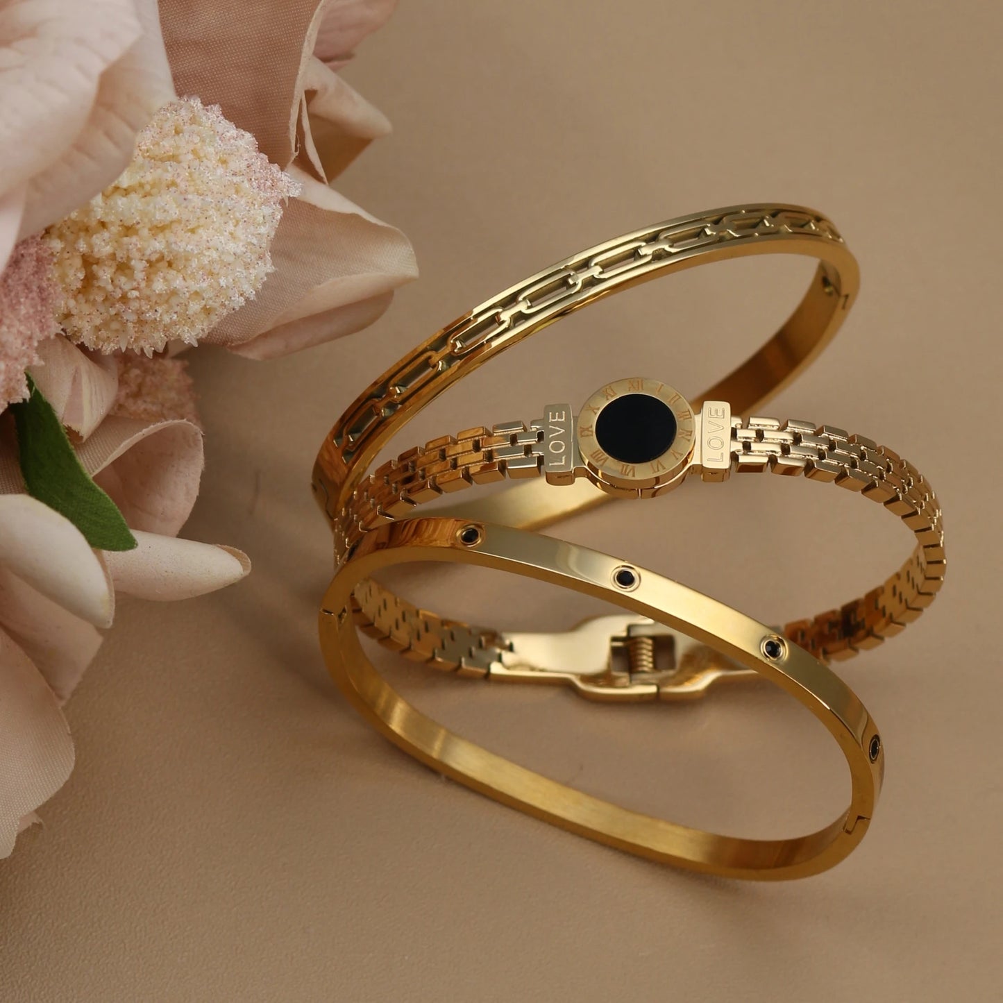 Stainless Steel Zircon Roman Numeral Chain Design Women Bracelet Bangle