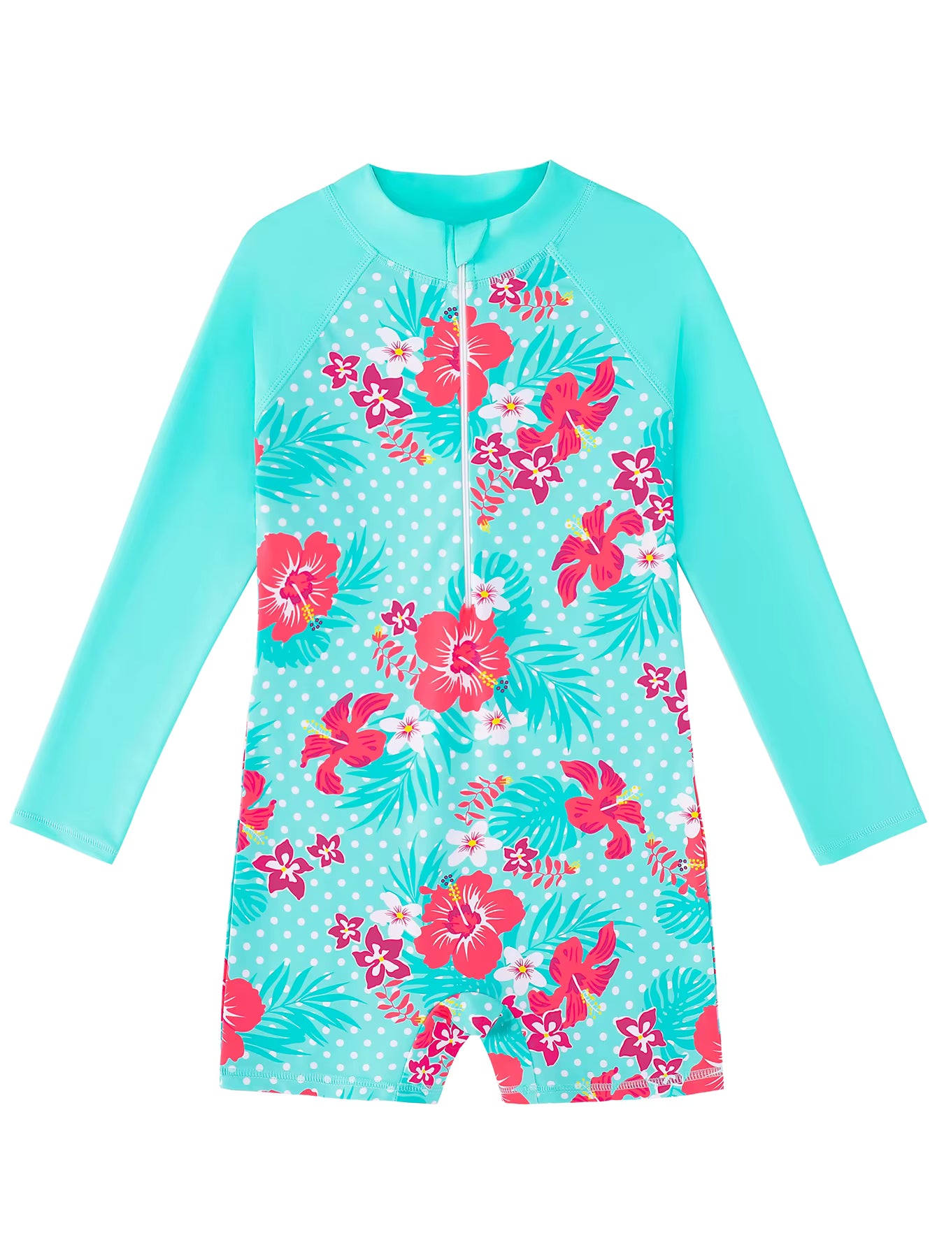 Girls Kids One-Piece Long Sleeve Floral Print Green Color Beach Boyleg Shorts Swimsuit