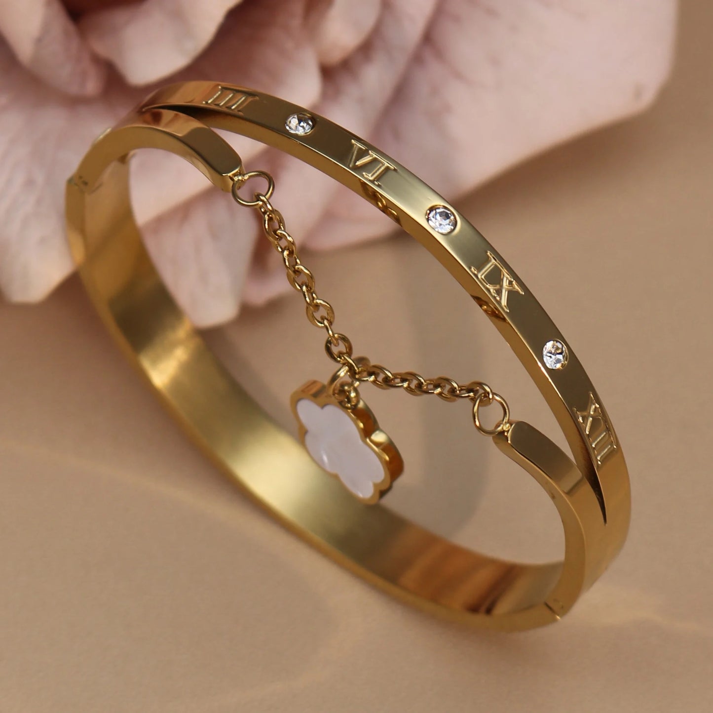 Roman Numeral Crystal Flower Shaped Pendant Stainless Steel Bracelet Bangles