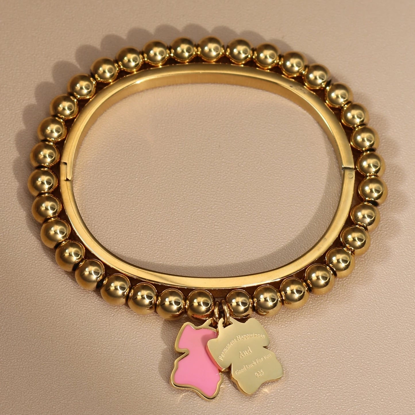 New Pink Elephant Pendant Elastic Bead Stainless Steel Bracelet 18 K Gold Plated Luxury Women's Jewelry Wholesale Gift