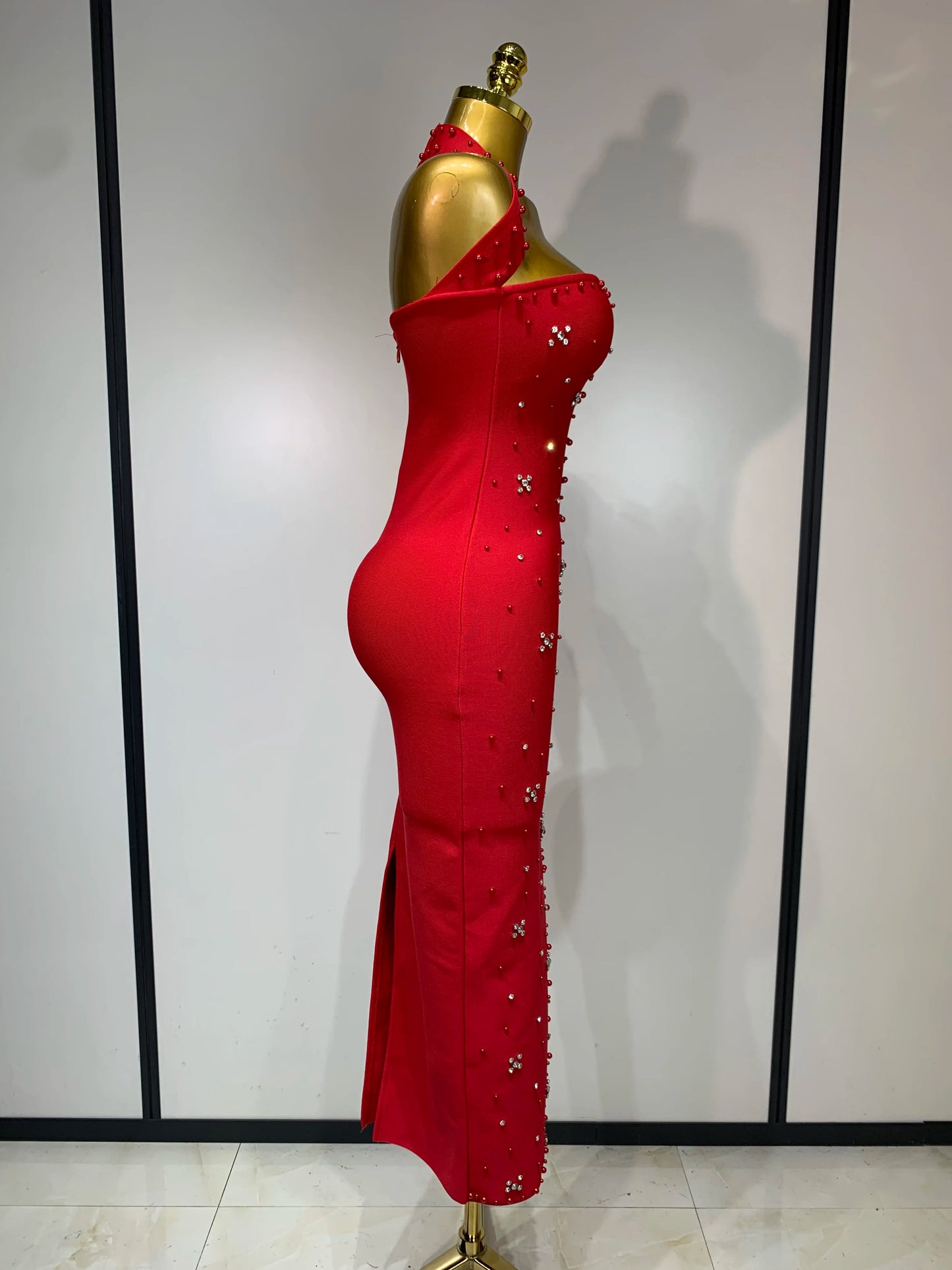 Sexy Sparkly Rhinestone Pearl Halter Backless Bandage Long Birthday Evening Party Dress