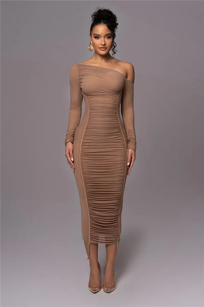 Sexy Diagonal Collar Long Sleeve Midi Two Layer Mesh Backless Ruched Bodycon Club Party Maxi Dress