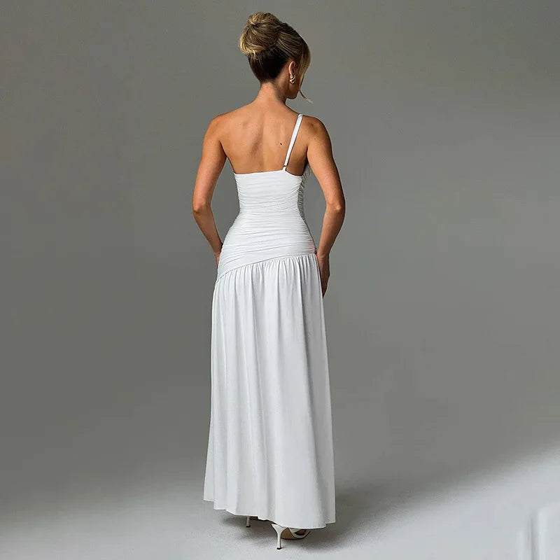 Women Sleeveless High Split Fashion Single Shoulder Strap Off-shoulder Backless Bodycon Long Dress