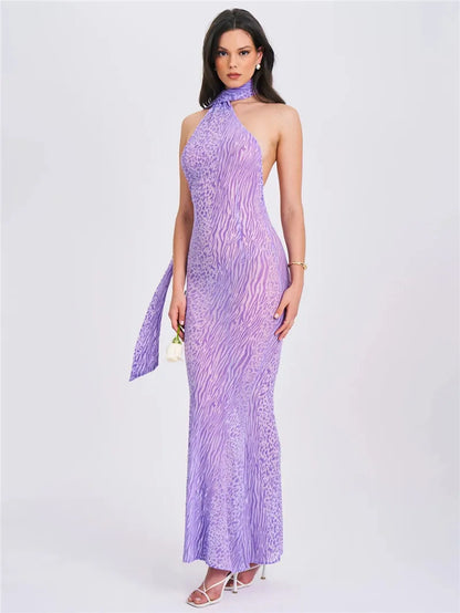 Women Purple Sheer Leopard Print Sexy Maxi Dress Women See Through Halter Draped Sleeveless Backless Bodycon Party Long Dress