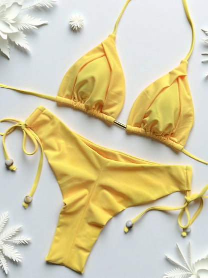 Solid Color Bikini Swimsuit Hanging Neck Rope Split Swimsuit 2-piece Beachwear Suit