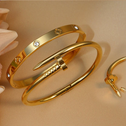 Women Heart Shaped Zircon Stainless Steel Gold Color 2-in-1 Bangles Bracelet Jewelry