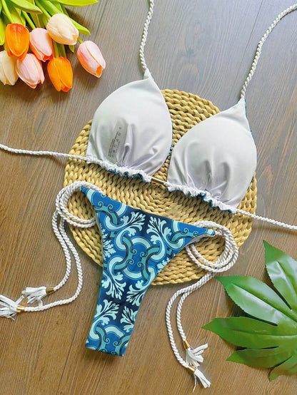 Sexy Print Brazilian Braiding Rope Bandage Bikinis Triangle Swimwear Bathing Suit