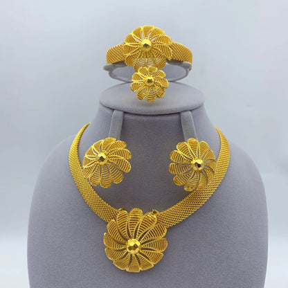 Dubai Women Wedding Gold Plated African Indian Round Necklace Earrings Jewelry Sets