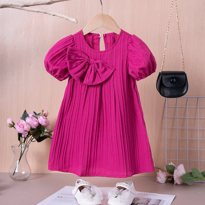 Kids Girl Solid Color Bubble Sleeve Cute Bow Party Birthday Outing Dress