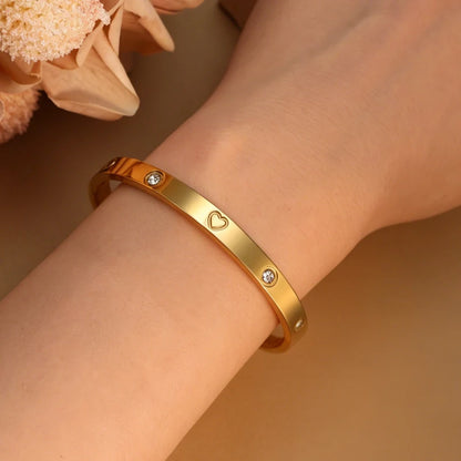 Women Heart Shaped Zircon Stainless Steel Gold Color 2-in-1 Bangles Bracelet Jewelry