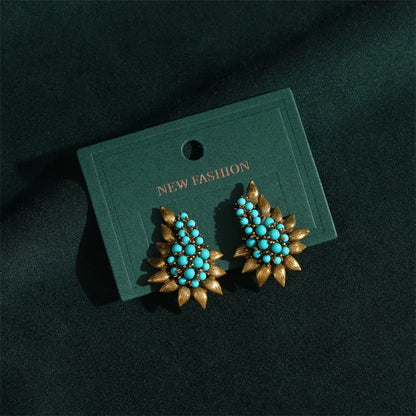 Women Vintage Beaded Sea Blue Natural Stones Tree Leaf Antique Bohemia Stud Earrings