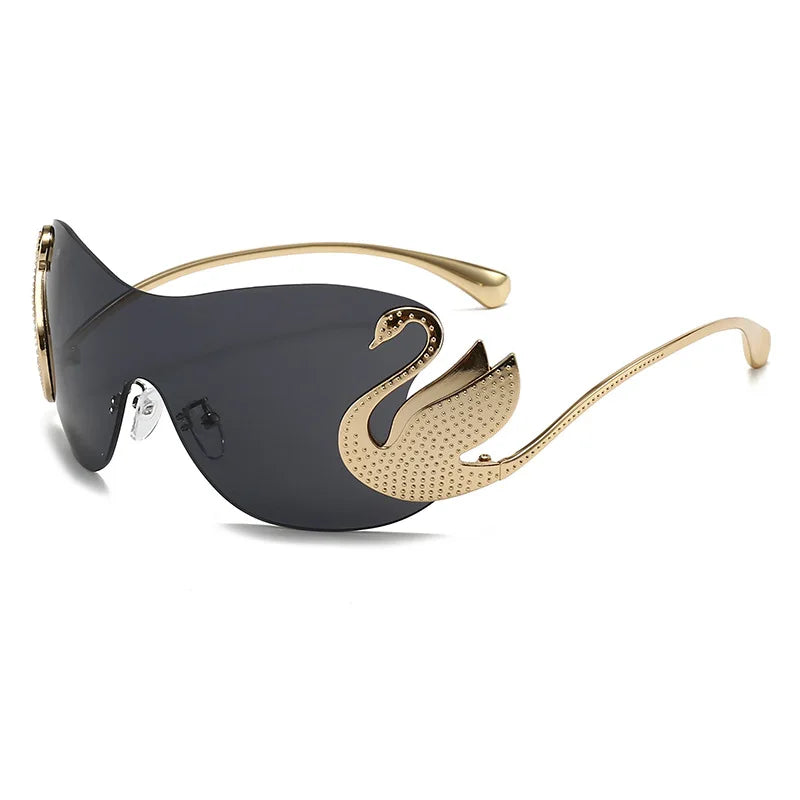 Y2k Women Fashion Swan Inlay Gradient Lens Shades Oversized Rimless Sunglasses Glasses
