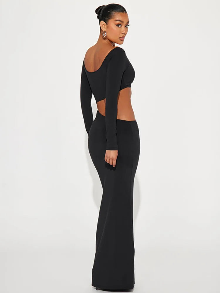 Women Hollow Out Long Sleeve Maxi V Neck Backless Bodycon Evening Maxi Dress