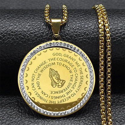 Women Men Stainless Steel Blessing Bible Lords English Serenity Prayer Hand Pendant Necklace