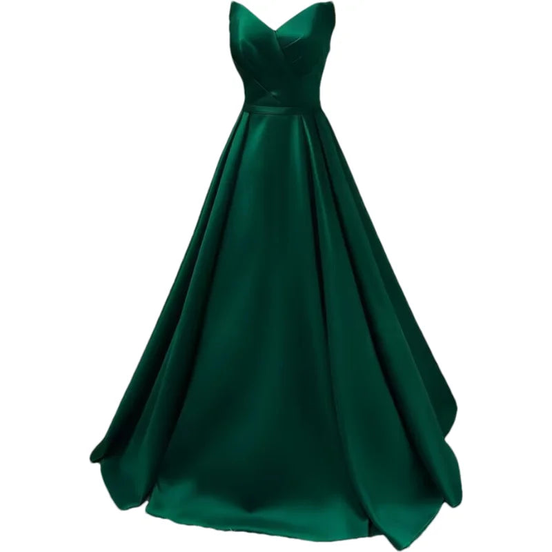 Women Strapless Simple Satin A Line Evening Party Formal Gown Corset Pleat Sweetheart Long Prom Dress w/Pocket