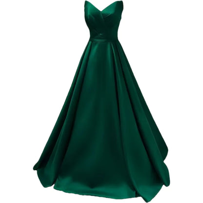 Women Strapless Simple Satin A Line Evening Party Formal Gown Corset Pleat Sweetheart Long Prom Dress w/Pocket