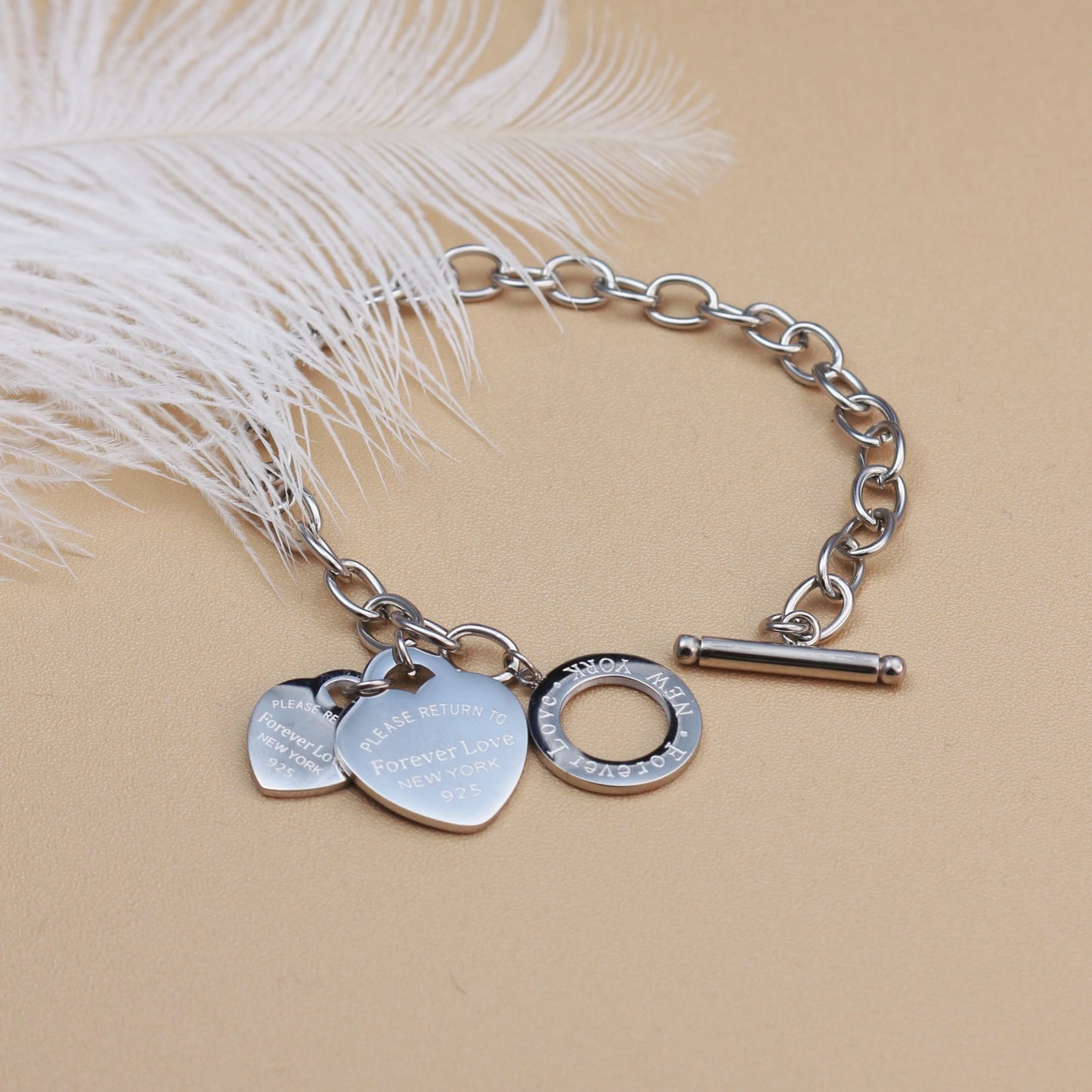 Fashion Stainless Steel Gold Color Double Heart Pendant Design FOREVER LOVE Bracelet Bangle
