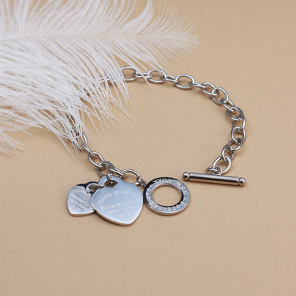 Fashion Stainless Steel Gold Color Double Heart Pendant Design FOREVER LOVE Bracelet Bangle