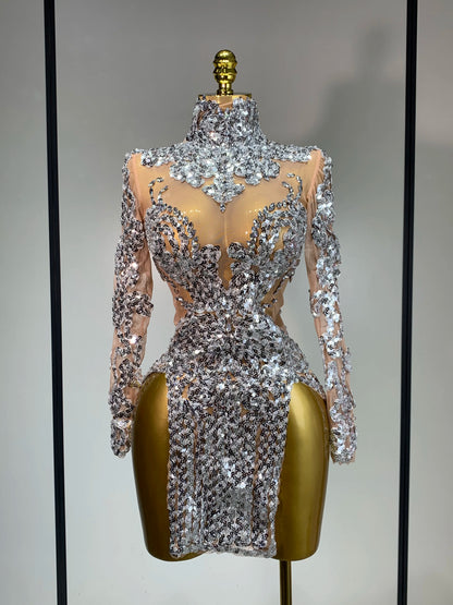 Sparkly Silver Gold Sequins Shor Sexy High Slit Nightclub Evening Party Birthday Dress