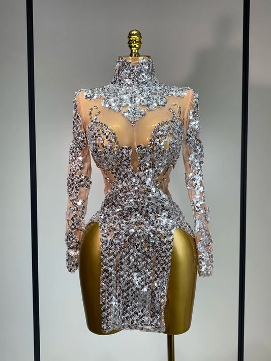Sparkly Silver Gold Sequins Shor Sexy High Slit Nightclub Evening Party Birthday Dress