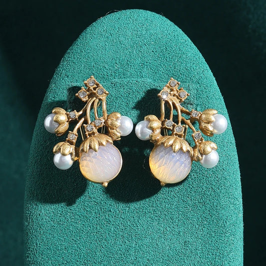 Women Luminous Pink Cherry Pearl Moonstone Gold Color Vintage Stud Earrings