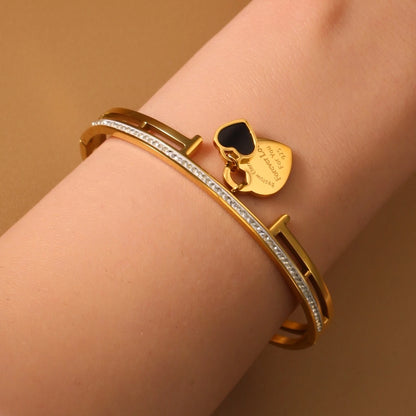 Women Fashion Double Peach Heart Love Stainless Steel Gold Color Bracelet Bangle Gifts