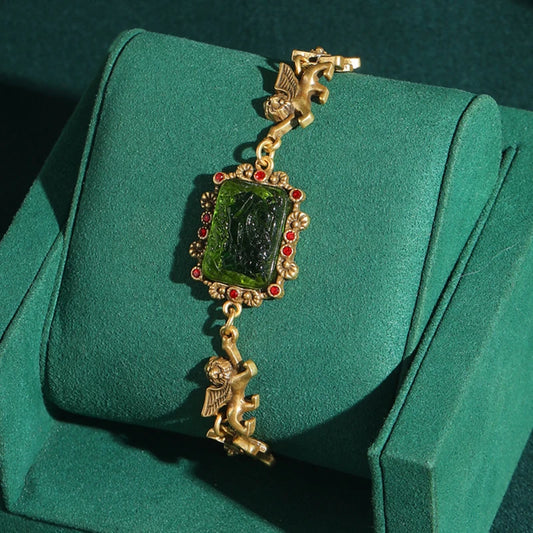Women Vintage Green Glass Charm Square Relief Lion Real Gold Plated Designer Bracelet