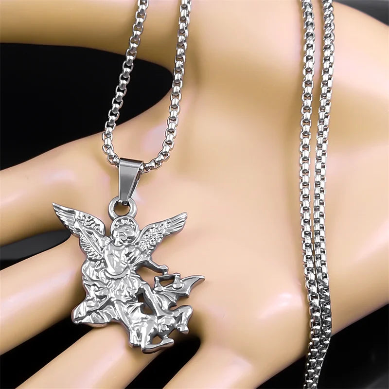Women Men Stainless Steel Saint Protection St Archangel Michael Chain Necklace