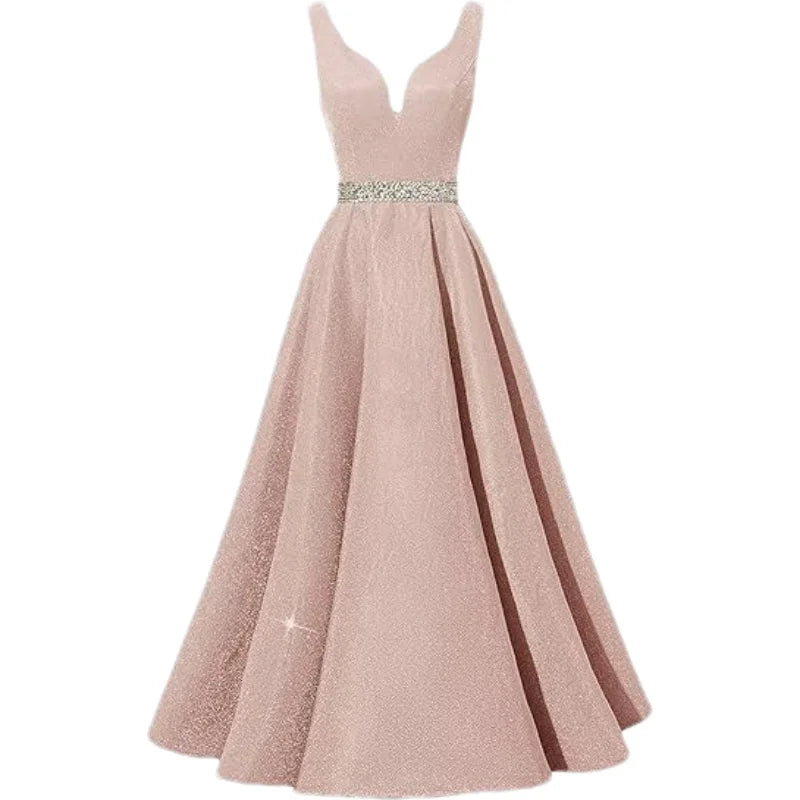 Women Glitter Satin Prom Long Corset V-Neck Beaded Belt Formal Evening Party Dress w/ Pockets