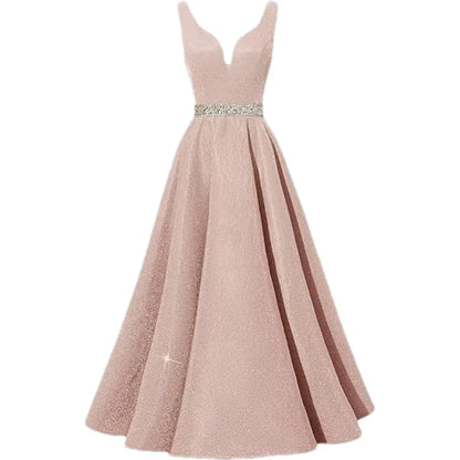Women Glitter Satin Prom Long Corset V-Neck Beaded Belt Formal Evening Party Dress w/ Pockets