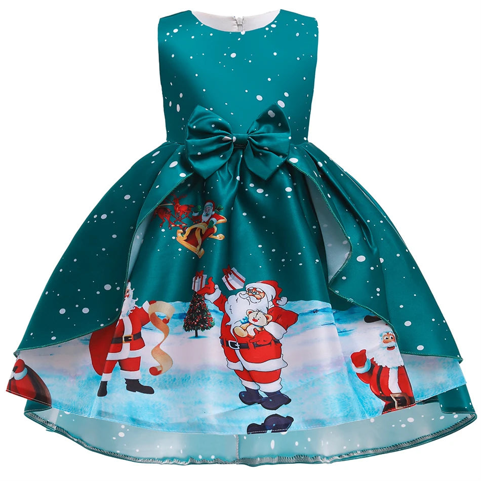 Kids Girls Princess Cartoon Santa Claus Snowflake Costume Xmas Party Print Dress