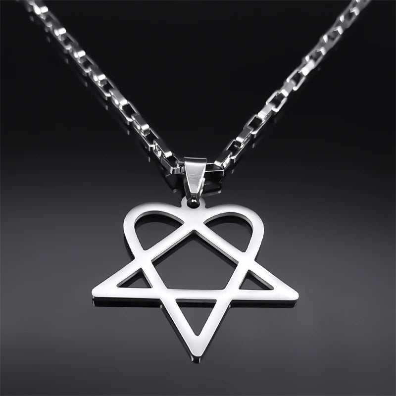 Women Men Stainless Steel Y2k Black Metal Band Goth Punk Hip Hop Rock Music Heartagram Star Heart Necklace
