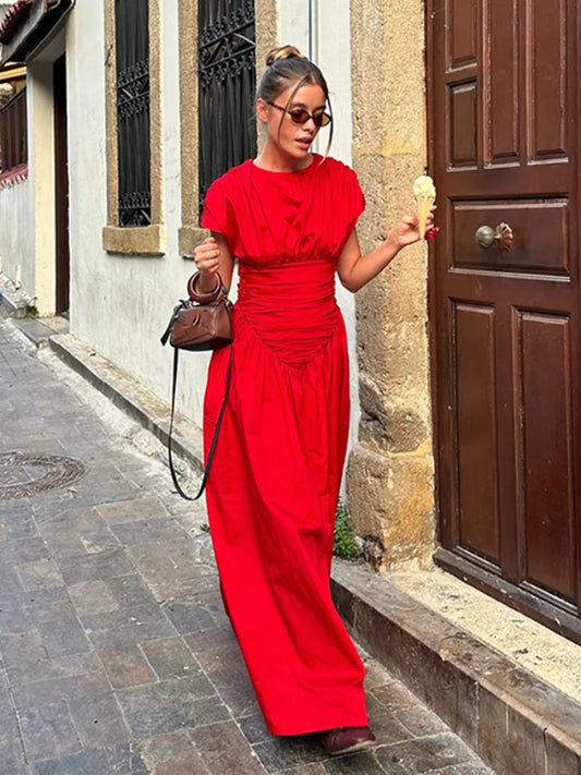 Women Red O-neck Pleated Maxi Fashion Short Sleeves High Waisted Evening Dress