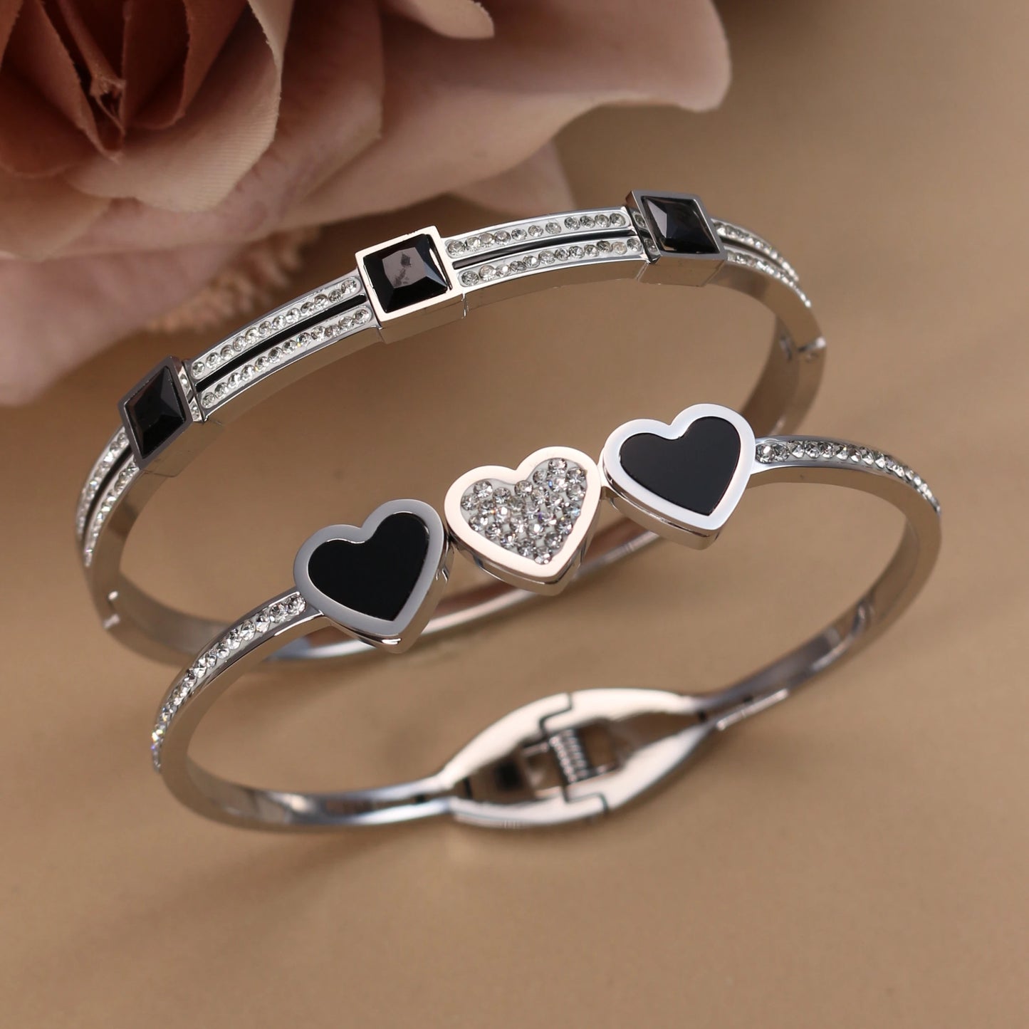 Stainless Steel Double Row Crystals Heart-Shaped Designs Open Clasp Charm Bangle Bracelet