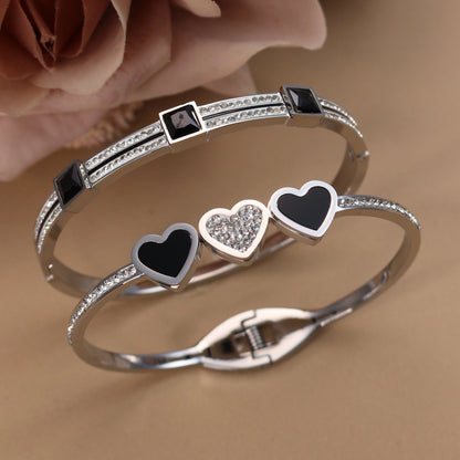 Stainless Steel Double Row Crystals Heart-Shaped Designs Open Clasp Charm Bangle Bracelet