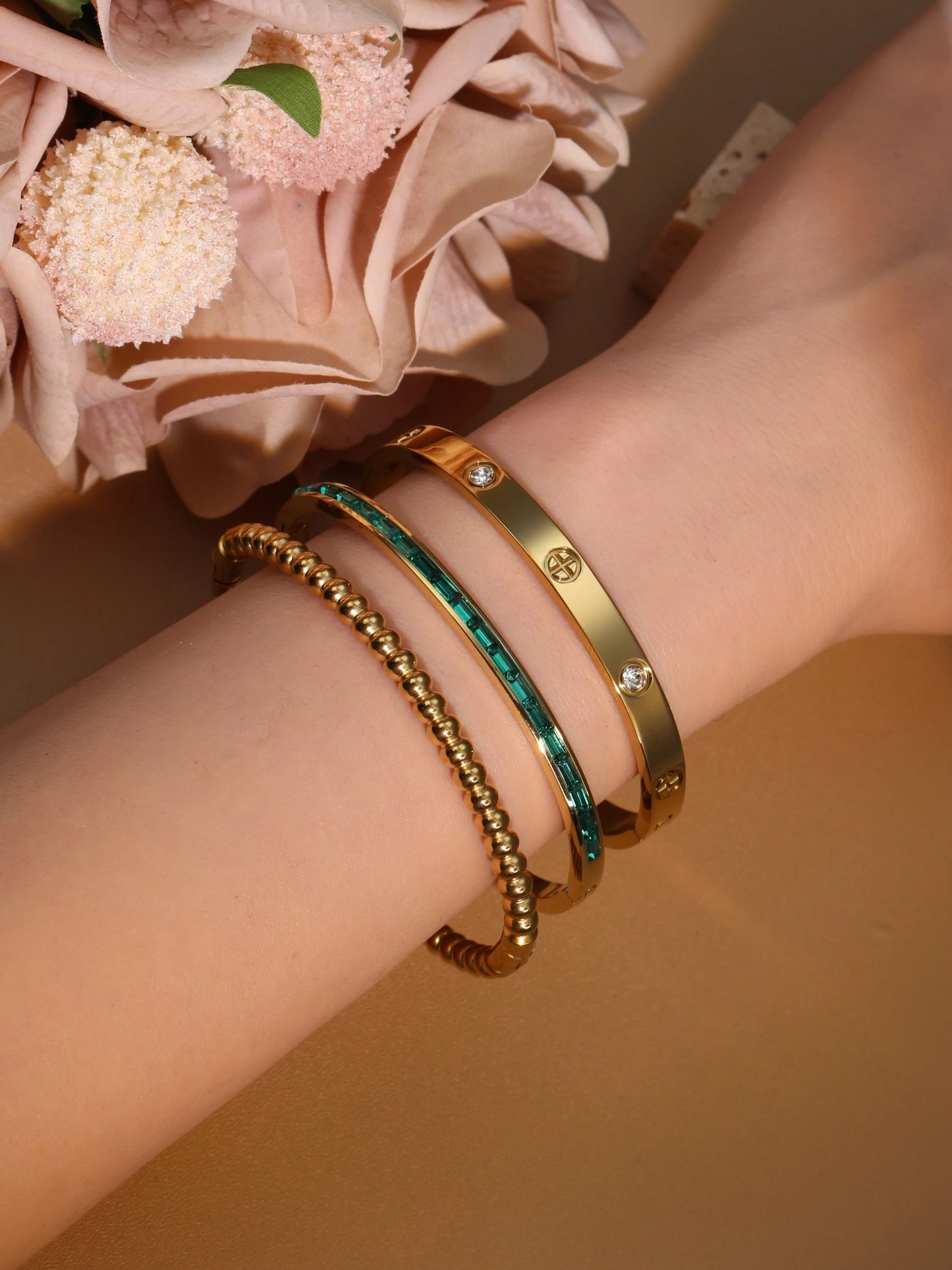 Women 18k Gold Plated Stainless Steel Green Zircon Bangles Bracelet Set Gift.