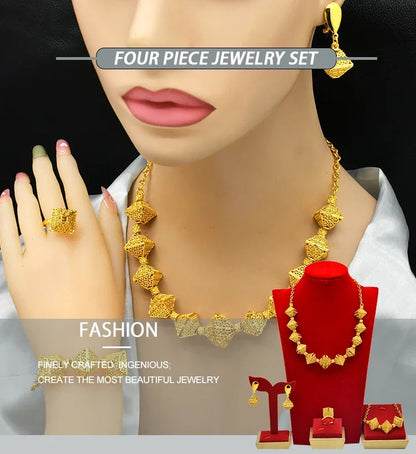 Fashion Indian 24K Gold Color Women African Wedding Dubai Necklace Earrings Bracelet Ring Jewelry Set