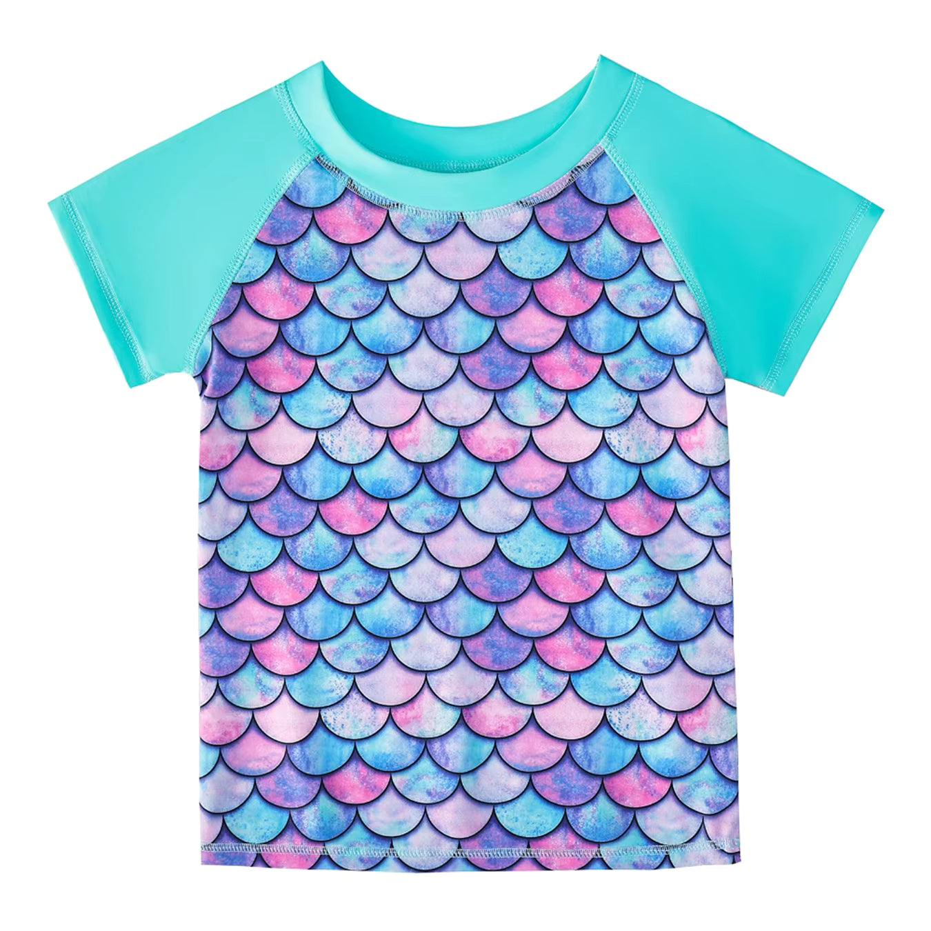 2pcs Kids Girls Short Sleeve Tops Swim Shorts Scale Print Patchwork Beach Bathing Swimwear