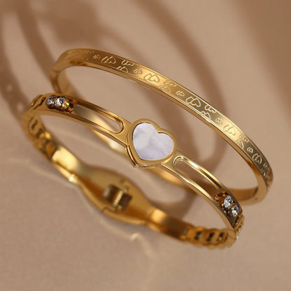 Luxury Heart-Shaped Shell Zircon Design 18K Gold-Plated Stainless Steel Bracelet Bangles